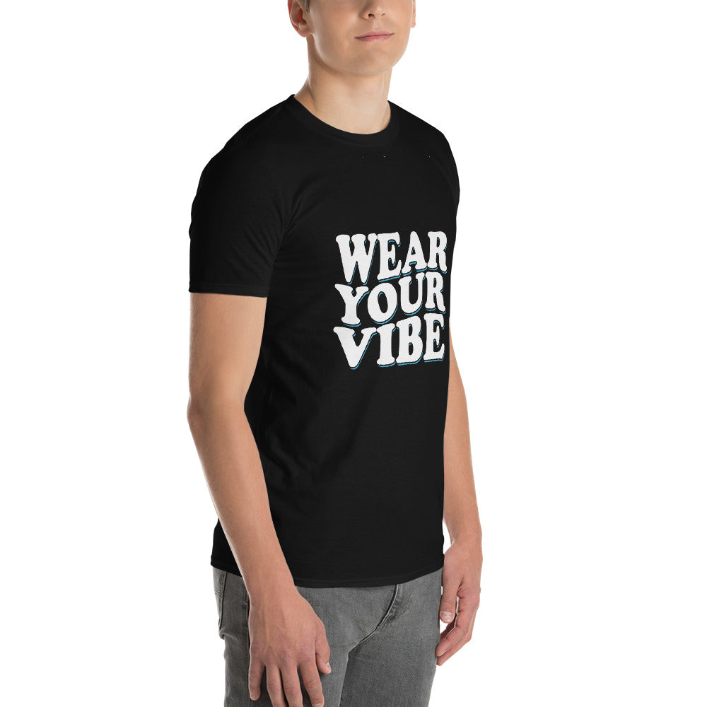 Unisex short-sleeve t-shirt with ‘Wear Your Vibe’ text design — WYVibe premium tee.