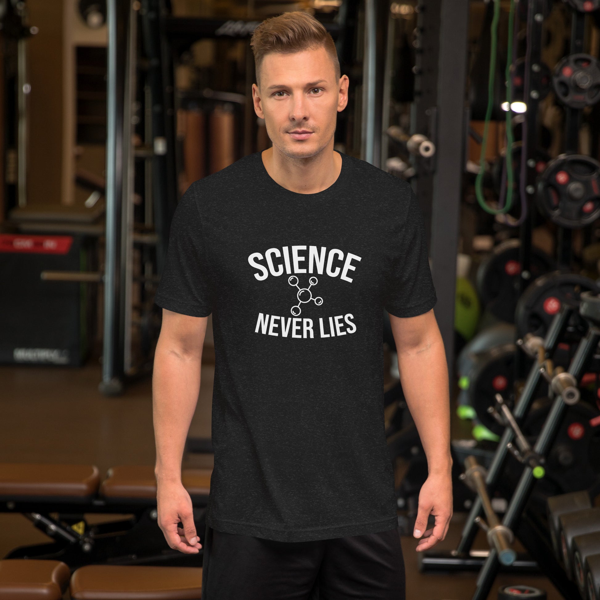 Unisex t-shirt with ‘Science Never Lies’ text design — WYVibe STEM tee.