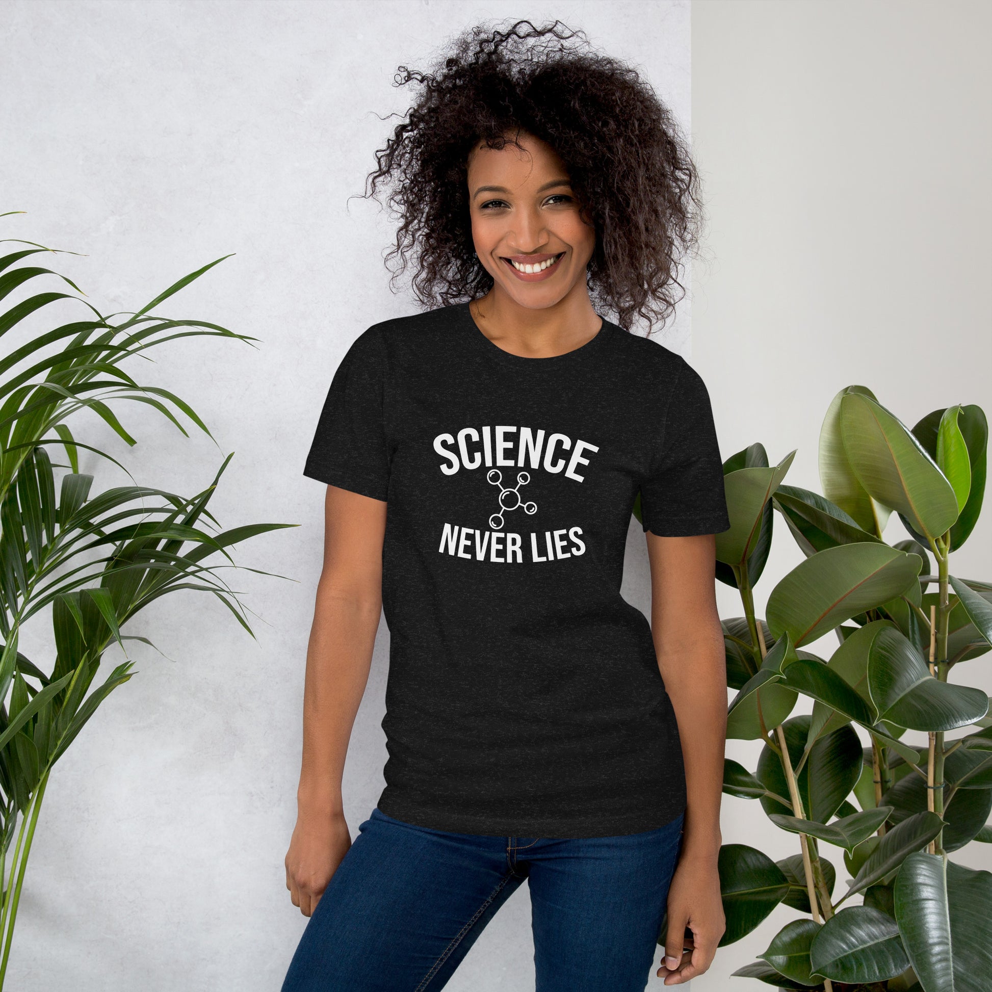 Unisex t-shirt with ‘Science Never Lies’ text design — WYVibe STEM tee.