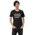 Unisex t-shirt with ‘CEO in Progress’ entrepreneurial design — WYVibe premium tee.