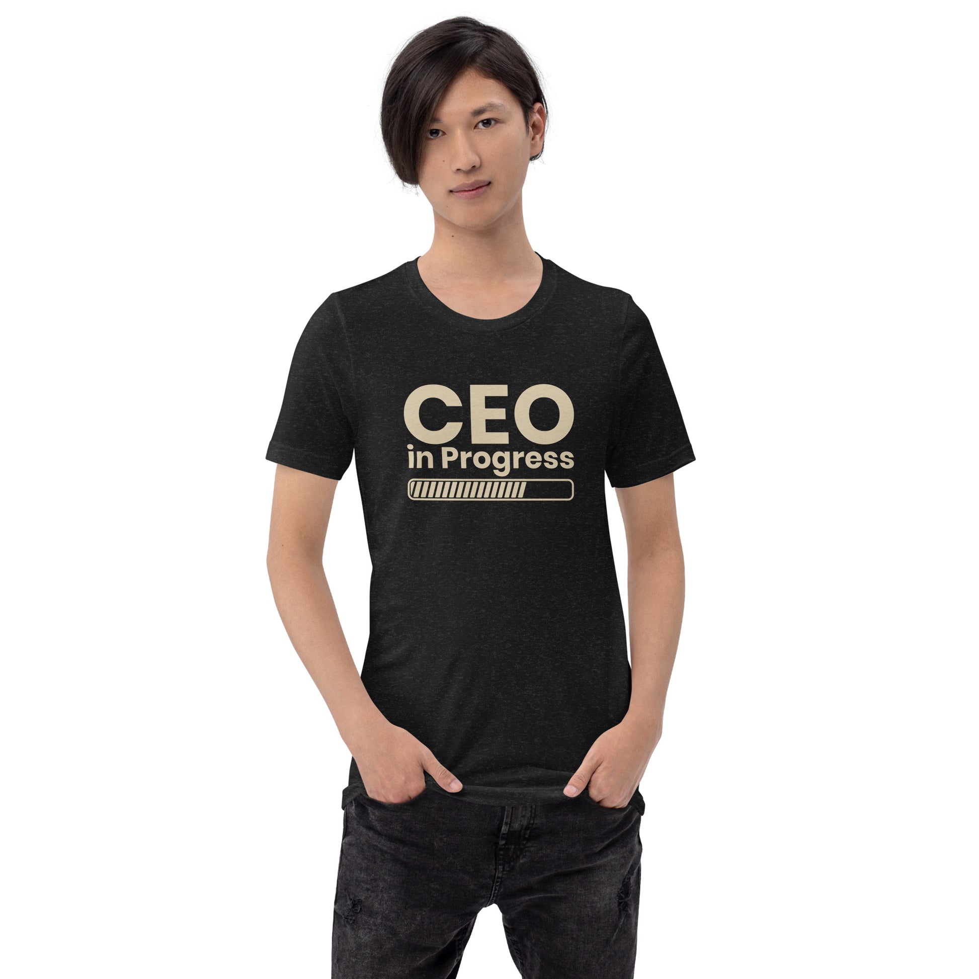 Unisex t-shirt with ‘CEO in Progress’ entrepreneurial design — WYVibe premium tee.
