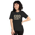 Unisex t-shirt with ‘CEO in Progress’ entrepreneurial design — WYVibe premium tee.