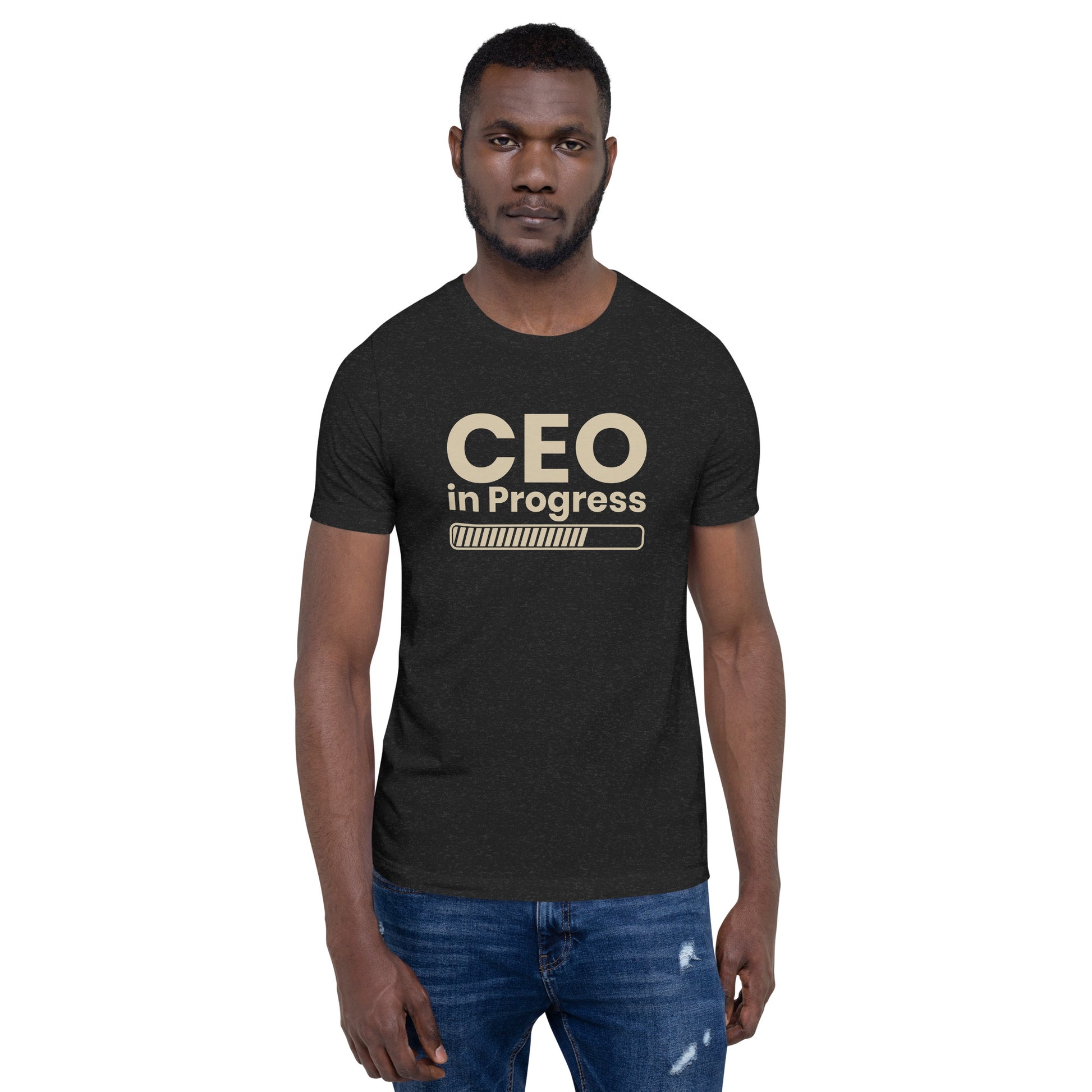 Unisex t-shirt with ‘CEO in Progress’ entrepreneurial design — WYVibe premium tee.