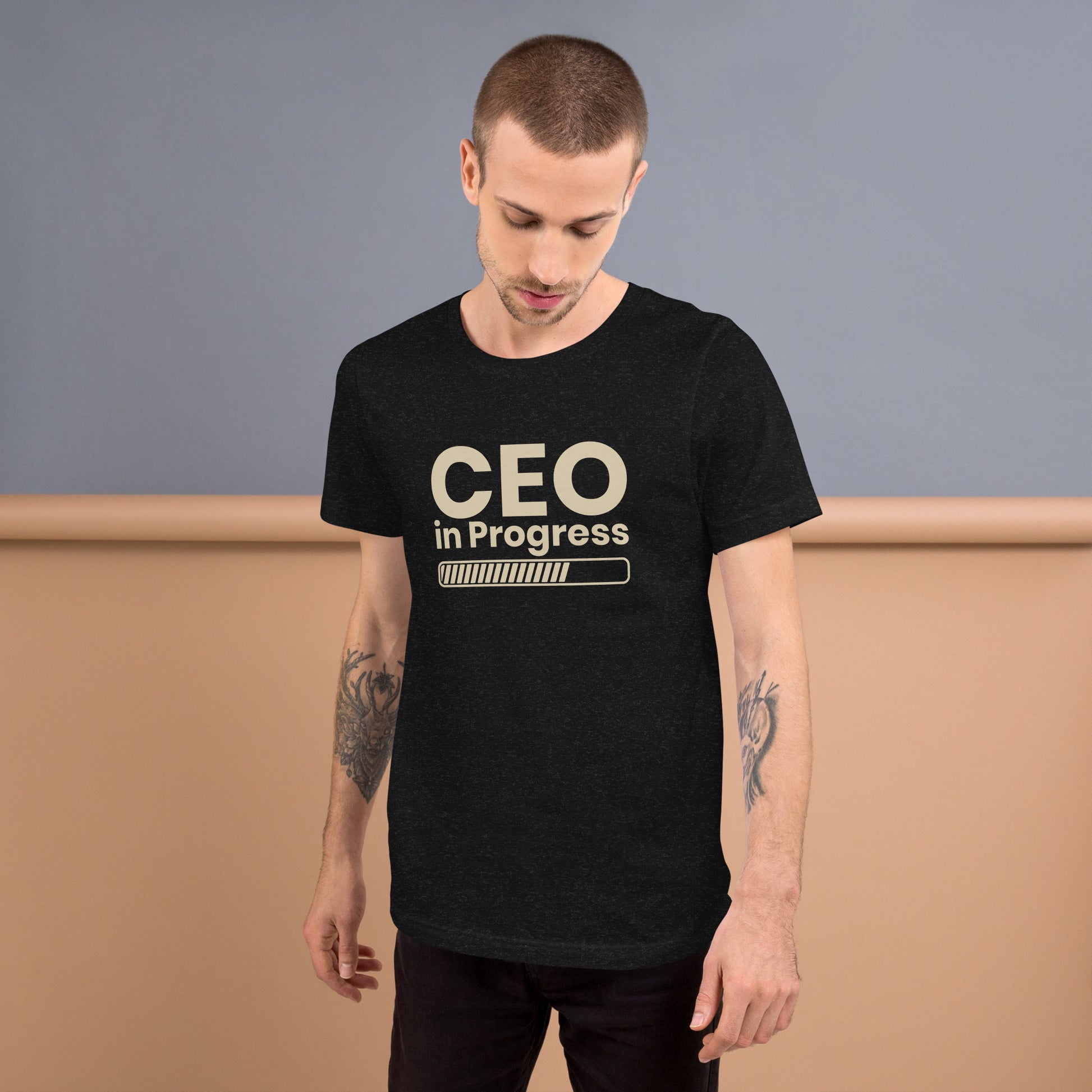 Unisex t-shirt with ‘CEO in Progress’ entrepreneurial design — WYVibe premium tee.
