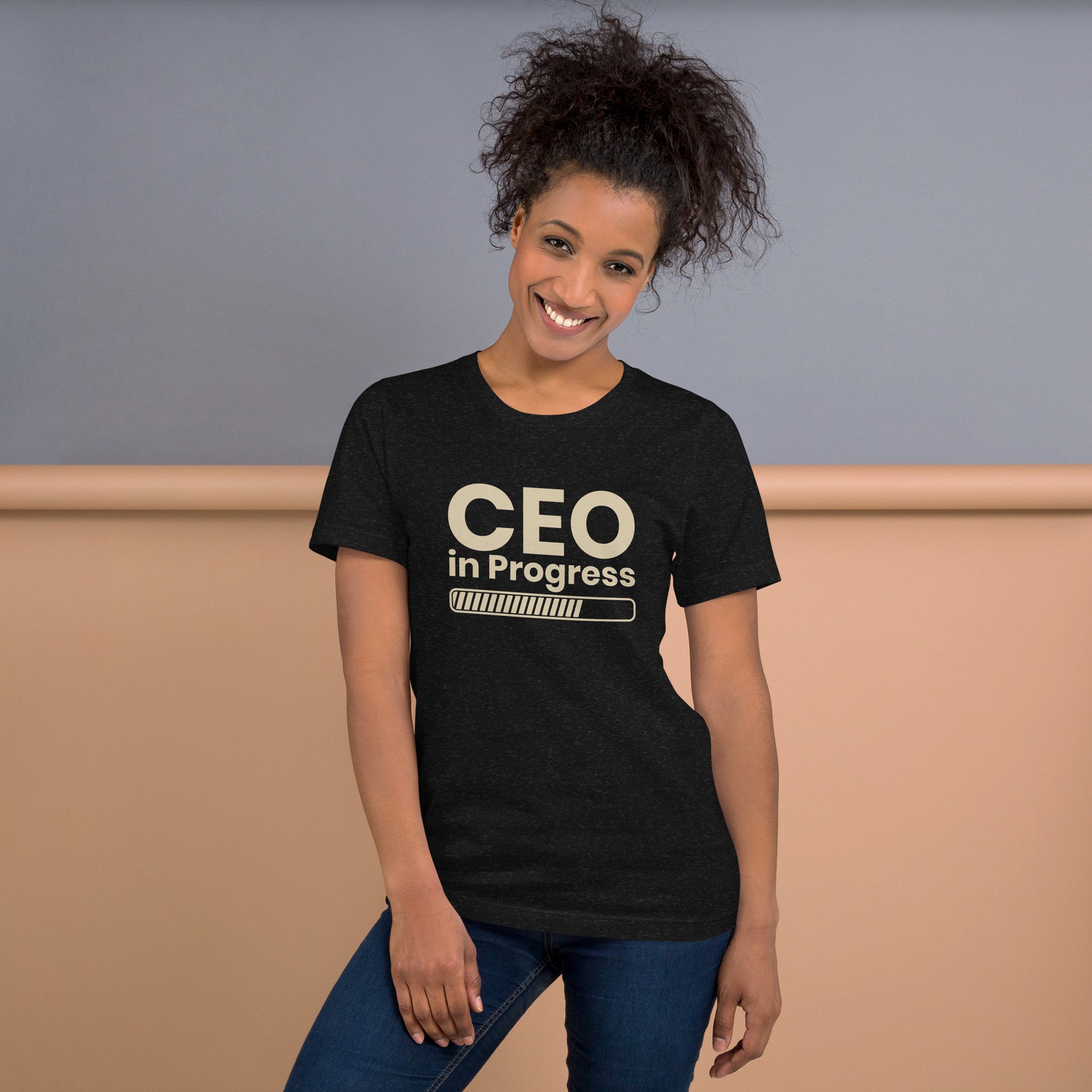 Unisex t-shirt with ‘CEO in Progress’ entrepreneurial design — WYVibe premium tee.