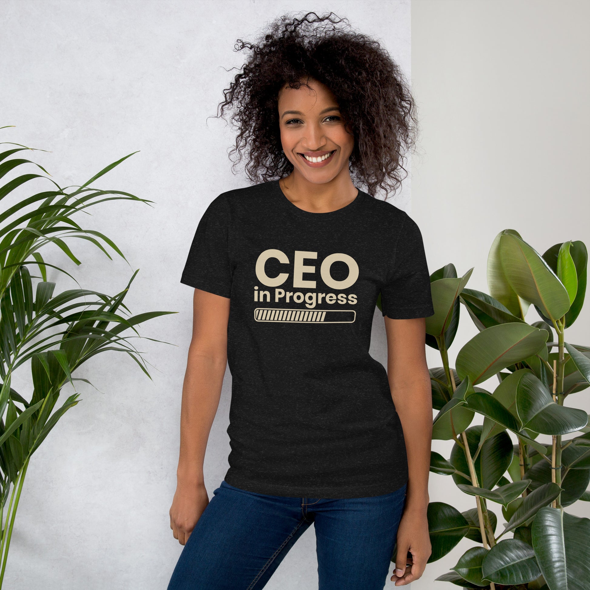 Unisex t-shirt with ‘CEO in Progress’ entrepreneurial design — WYVibe premium tee.