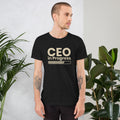 Unisex t-shirt with ‘CEO in Progress’ entrepreneurial design — WYVibe premium tee.