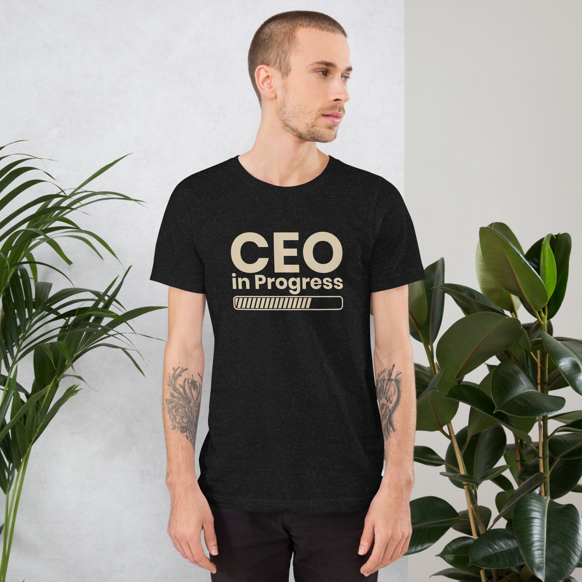 Unisex t-shirt with ‘CEO in Progress’ entrepreneurial design — WYVibe premium tee.
