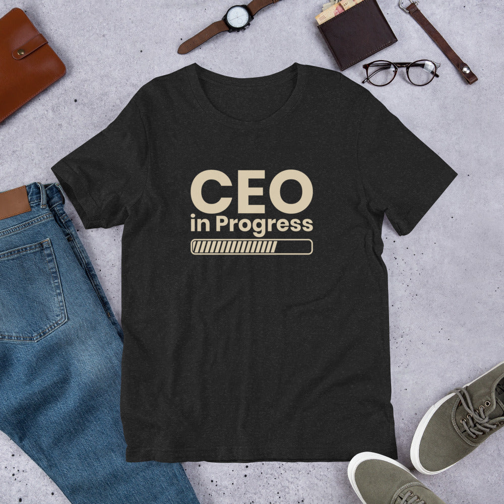 Unisex t-shirt with ‘CEO in Progress’ entrepreneurial design — WYVibe premium tee.