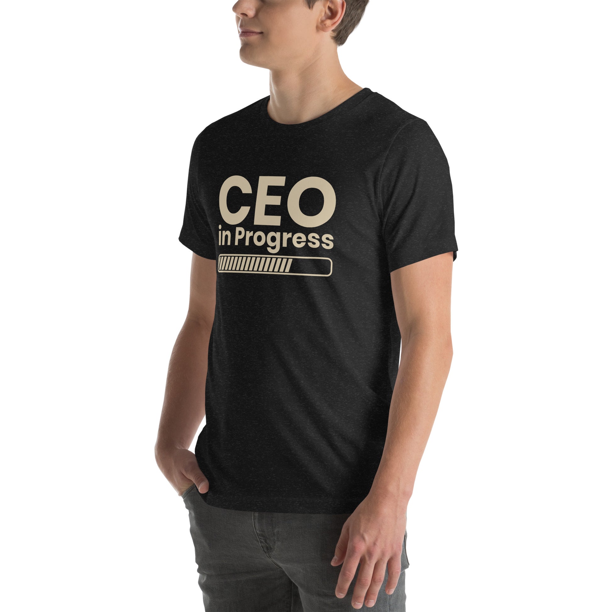 Unisex t-shirt with ‘CEO in Progress’ entrepreneurial design — WYVibe premium tee.