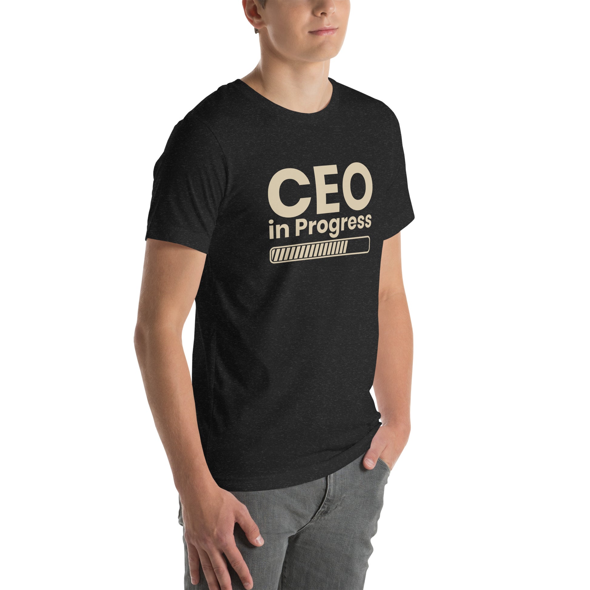 Unisex t-shirt with ‘CEO in Progress’ entrepreneurial design — WYVibe premium tee.