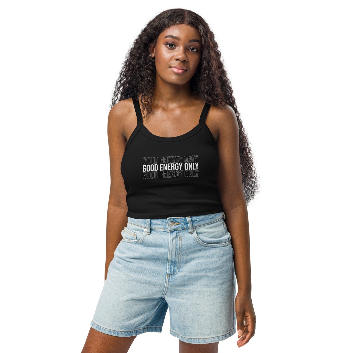 Women’s micro-rib tank top with ‘Good Energy Only’ design — WYVibe women’s lifestyle top.