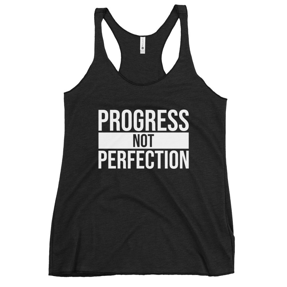 Women’s racerback tank top with ‘Progress Not Perfection’ design — WYVibe activewear.