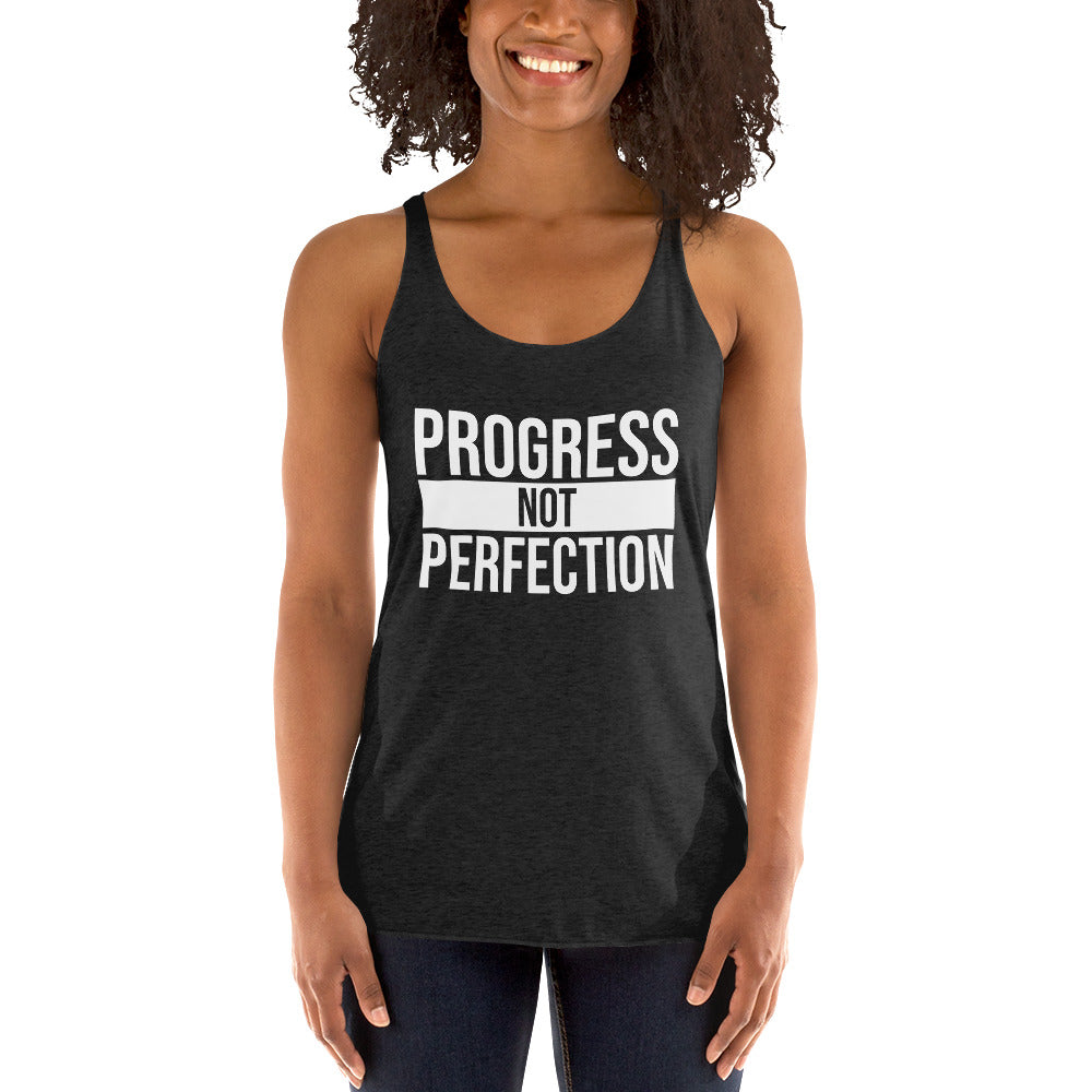 Women’s racerback tank top with ‘Progress Not Perfection’ design — WYVibe activewear.
